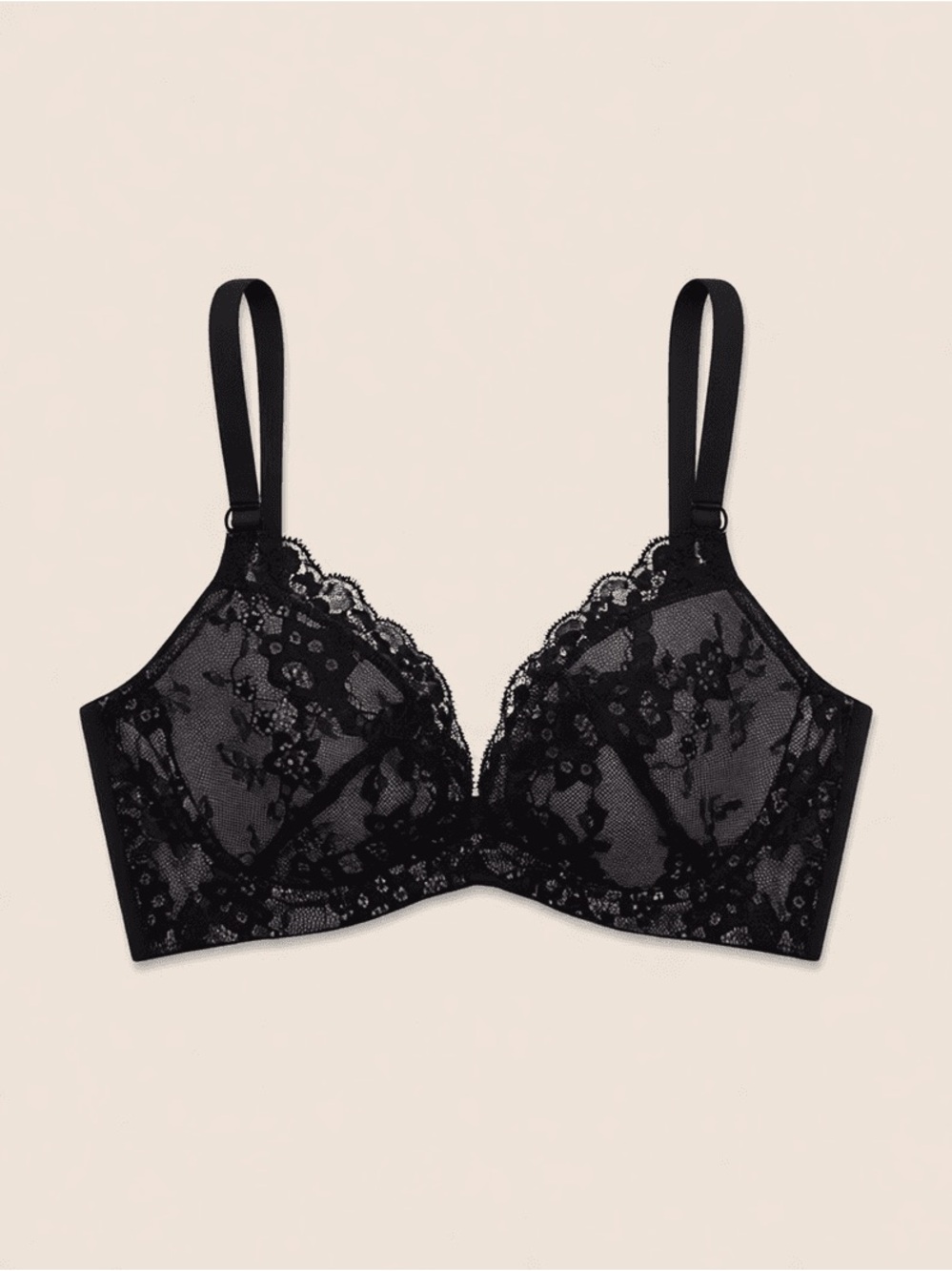 Sheer Black Lace Unlined Bra with Floral Detail